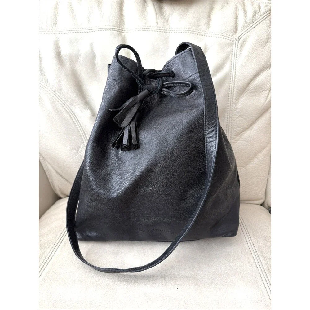 Leather Bucket Bag Handcrafted in USA Black The Podolls Drawstring Hobo Western